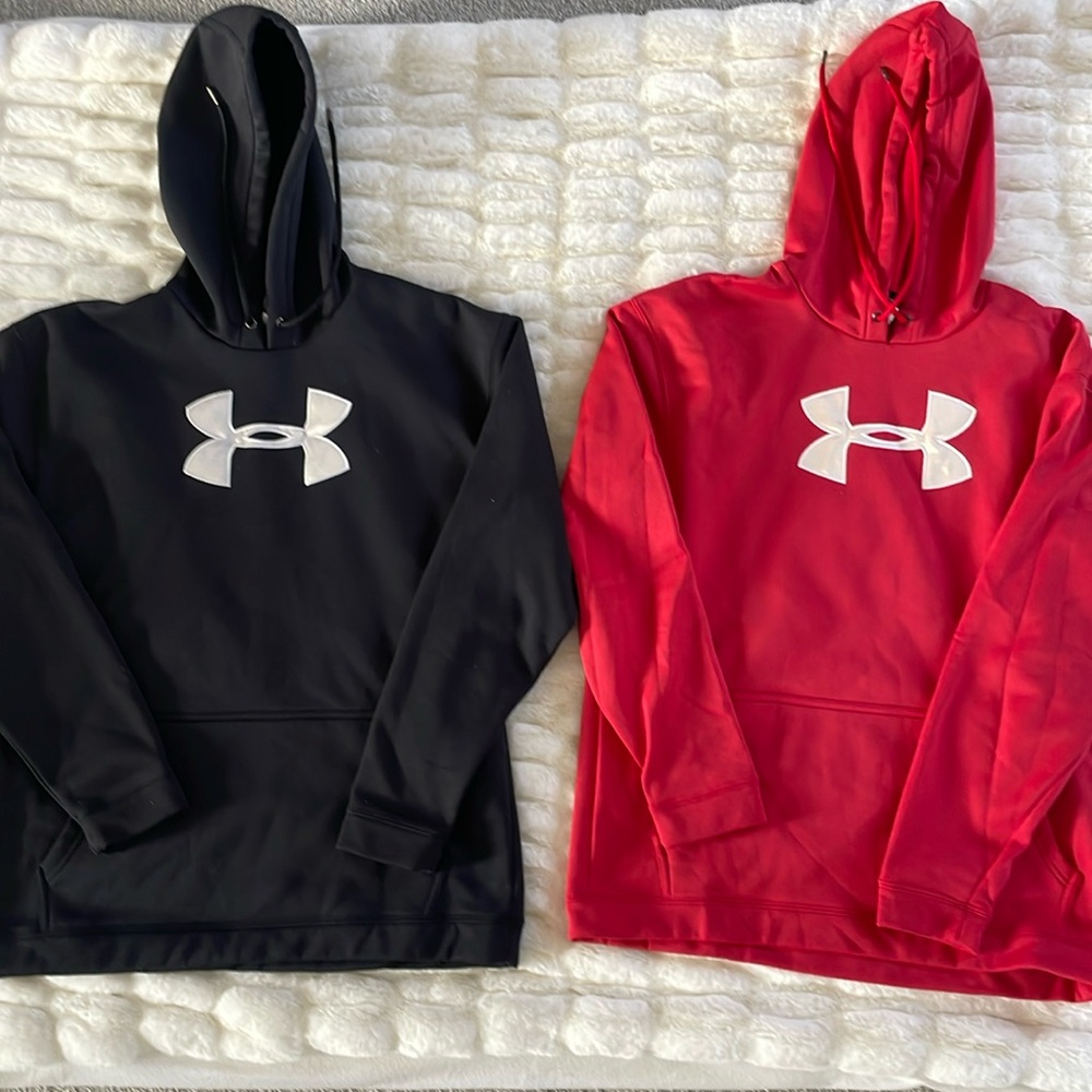 Unisex, 2 Under Armour YLG hoodie sweatshirts. Black and red. Barely worn.